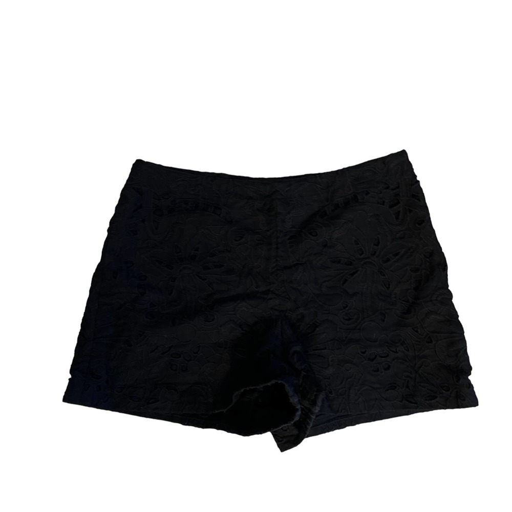 Women 2 Theory Micro Embroidered Linen Cotton Black Lace Overlay Shorts Side Zip